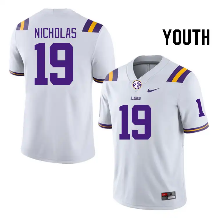 Youth LSU Tigers Javen Nicholas #19 White NCAA Football Jersey